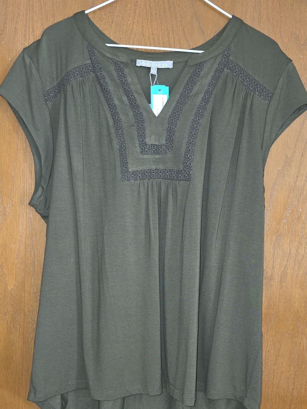 Daniel Rainn Olive Green Embroidered Yoke Cap-Sleeve Top